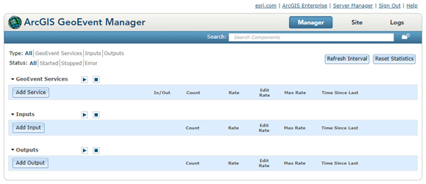 Manager page in GeoEvent Manager